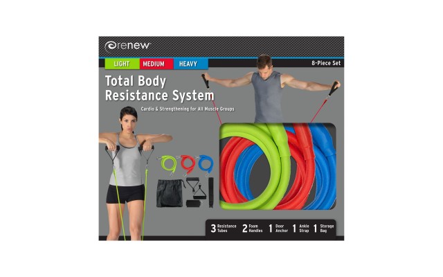  Total Body Resistance System, 3 Resistance Tubes, 2 Handles with Foam Grips, Ankle Strap, Door Anchor, Drawstring Carry Bag, and Instruction Sheet