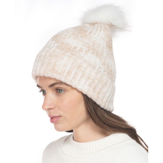Style & Co Rib Marled Beanie Hat With Faux-Fur Pom, Pink