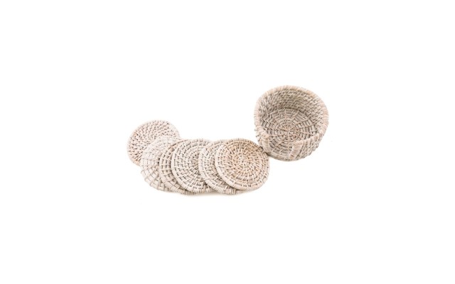  Set of 6 Whitewash Rattan Coasters in Holder