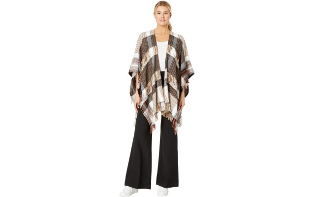  Fringe Striped Ruana Topper, Black