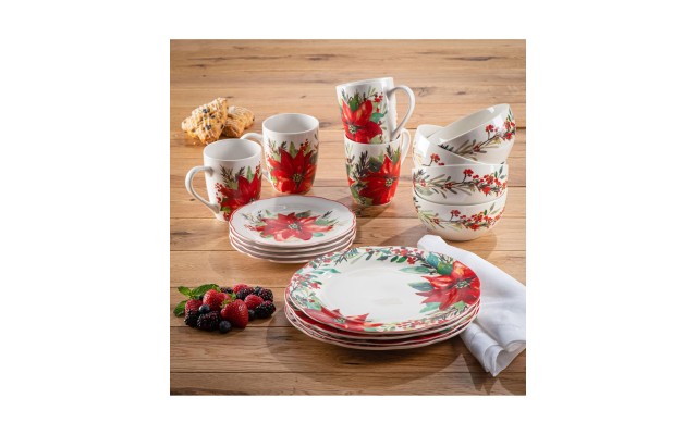  Poinsettia Party Round Porcelain 16-Piece Dinnerware Set