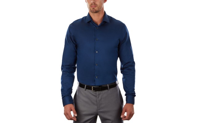  X Men's STEEL Extra-Slim Fit Non-Iron Performance Herringbone Dress Shirts, Blue, 15.5X34-35
