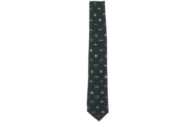  Mens White NYC Scattered Print Logo Skinny Silk Neck Tie Black