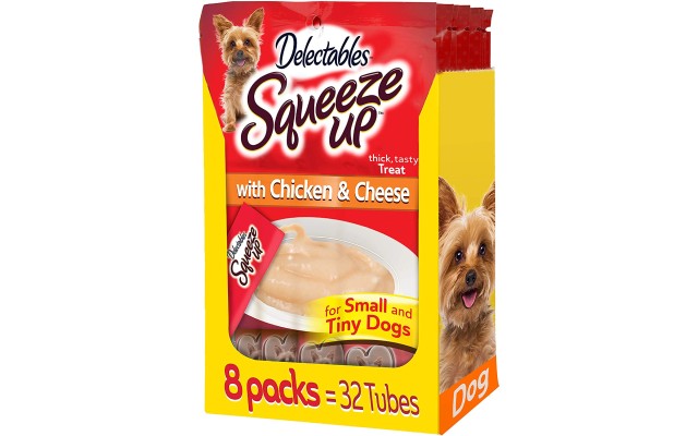  Dog Delectables Squeeze Up Lickable Wet Dog Treats for Small & Tiny Dogs, 32 Dog Treat Tubes Multiple Flavors (Chicken & Cheese, 8-Packs)