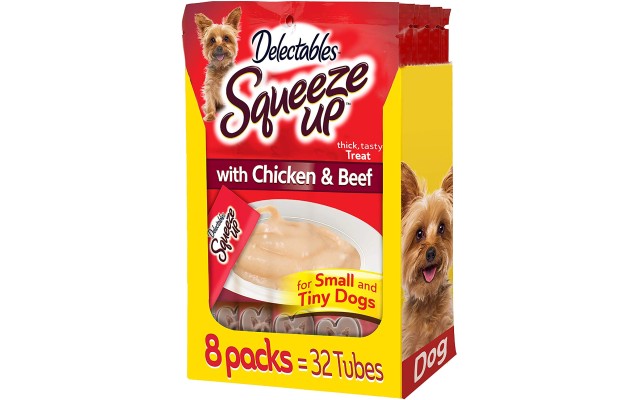  Dog Delectables Squeeze Up Lickable Wet Dog Treats for Small & Tiny Dogs, Multiple Flavors (Chicken & Beef, 8-Packs)