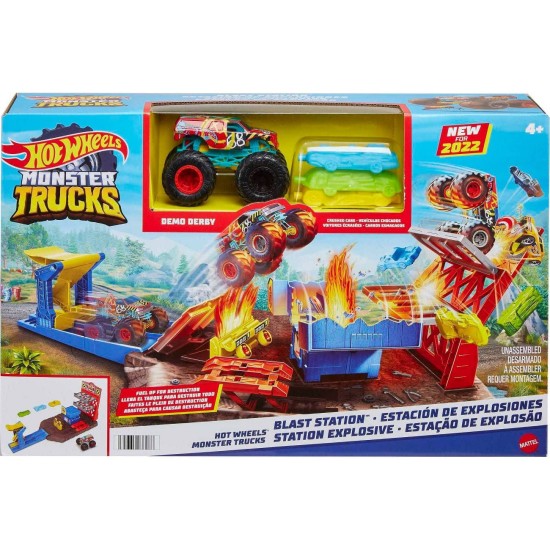  Monster Trucks Blast Station Playset HW Demo Derby, Multicolor