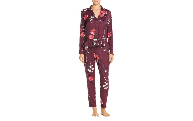  Floral Print Satin Pajama Set (Purple/Pink, XS)