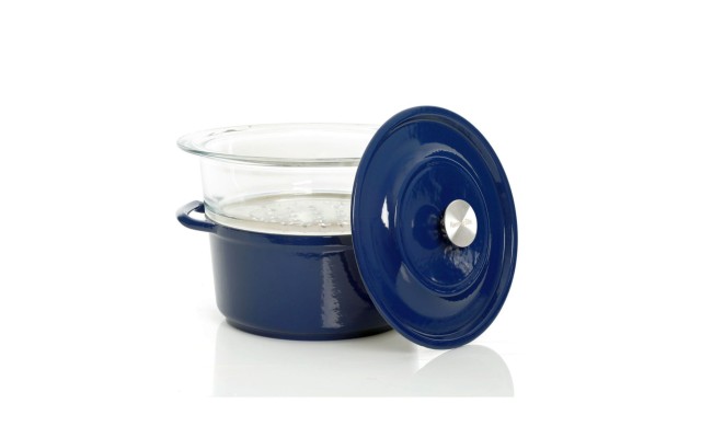  Oak Park Cast Iron Dutch Oven with Lid and Glass Steamer, 5-Quart, Blue