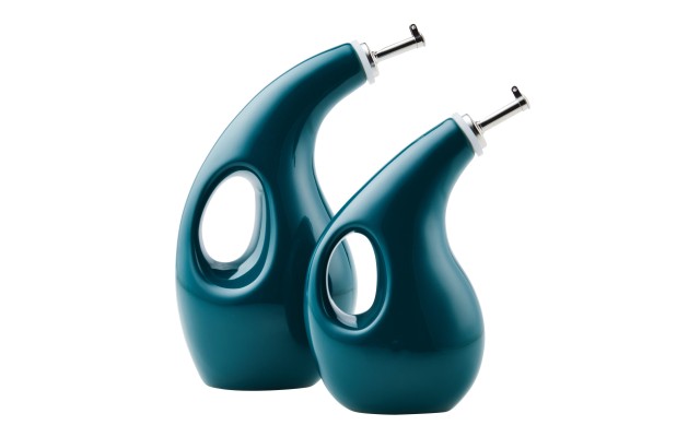  2-Piece Ceramic EVOO Oil and Vinegar Dispensing Bottle Set, Marine Blue
