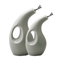 Rachael Ray 2-Piece Ceramic EVOO Oil and Vinegar Dispensing Bottle Set, Sea Salt Gray