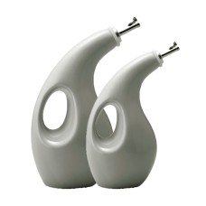 Rachael Ray 2-Piece Ceramic EVOO Oil and Vinegar Dispensing Bottle Set, Sea Salt Gray
