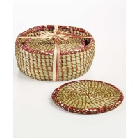 Rwanda Set of 6 Sweetgrass and Rafia Coasters with Holder