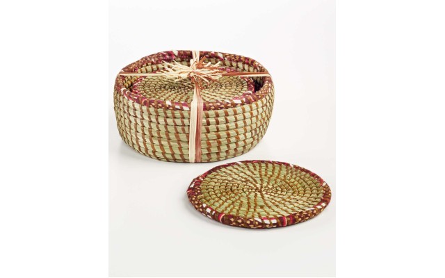 Rwanda Set of 6 Sweetgrass and Rafia Coasters with Holder