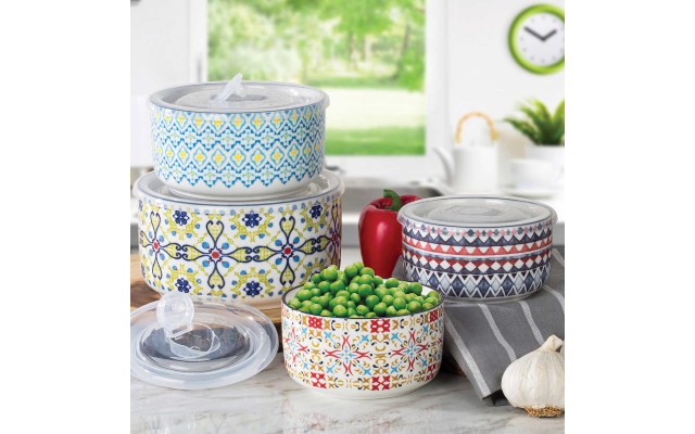 Signature 4-piece Stoneware Bowl Set with Lids, Multi