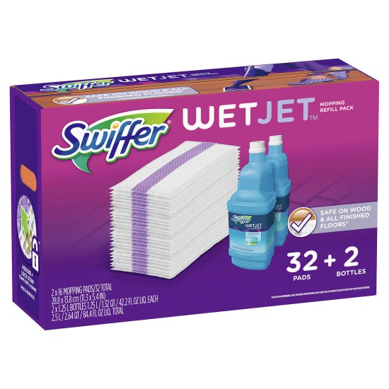  Wet Jet Mopping Refill Kit, 32 Pads + 2 42.2 fl oz Floor Cleaner Solution Bottles, Open Window Fresh Scent