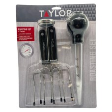 Taylor 3504TLBBJ Roasting Set with Leave-in Thermometer, Turkey Lifters, and Bulb Baster, Black 4-Pc.