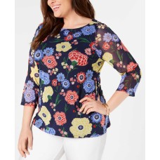 Charter Club Woman’s Plus Size Printed Mesh 3/4-Sleeve Top (Blue, 1XL)