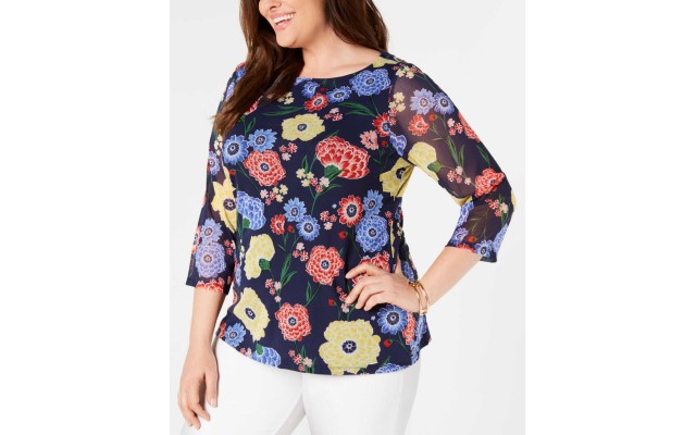  Woman’s Plus Size Printed Mesh 3/4-Sleeve Top (Blue, 1XL)