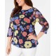  Woman’s Plus Size Printed Mesh 3/4-Sleeve Top (Blue, 1XL)