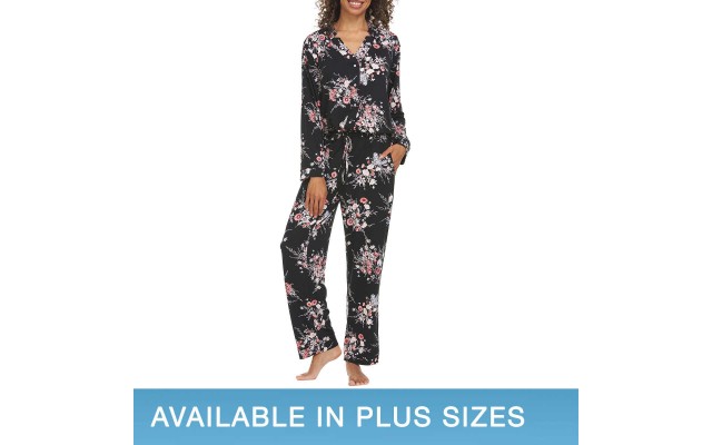  Ladies' Notch Collar 2-piece Pajama Set, Black, 2X