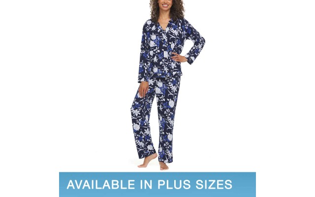  Ladies' Notch Collar 2-piece Pajama Set, Blue, 2X