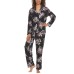  Ladies' Notch Collar 2-piece Pajama Set, Black, 2X
