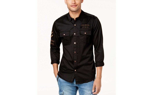  Men’s Embroidered Slim Fit Shirt (Black, XL)