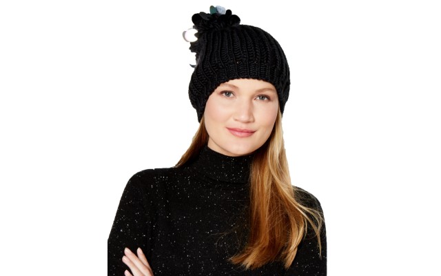  Paillette Pom-Pom Beanie Hat, Black