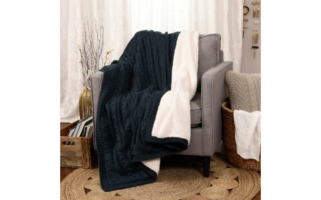  Cable Knit Throw, Blue