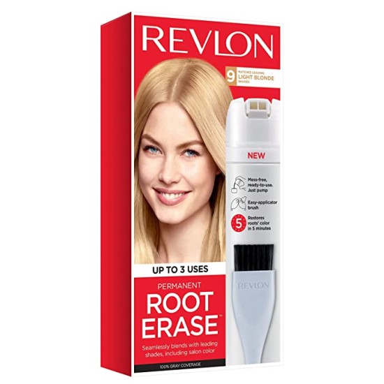  Root Erase Permanent Hair Color, 100% Gray Coverage, At-Home Root Touchup Hair Dye with Applicator Brush for Multiple Use,  Light Blonde (9)