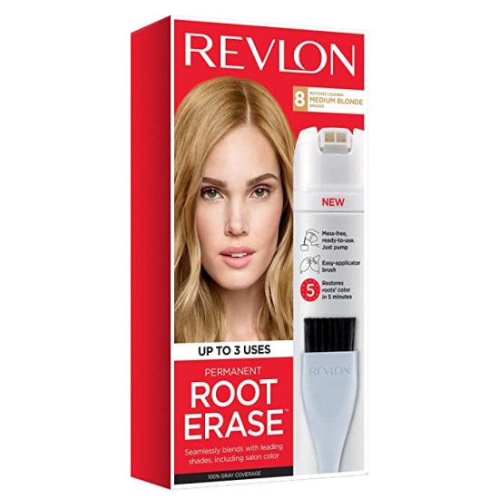  Root Erase Permanent Hair Color, 100% Gray Coverage, At-Home Root Touchup Hair Dye with Applicator Brush for Multiple Use, Medium Blonde (8)