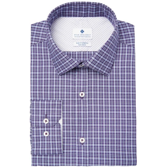  Distinction Men’s Slim-Fit Stretch Non-Iron Performance Check Dress Shirt (Purple, 15X32-33)