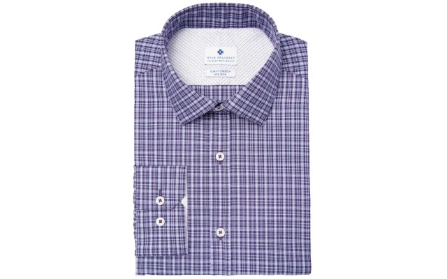  Distinction Men’s Slim-Fit Stretch Non-Iron Performance Check Dress Shirt (Purple, 15X32-33)