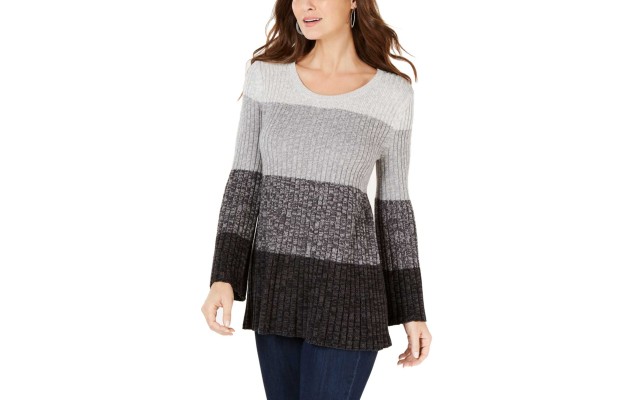  Striped Bell-Sleeve Tunic (Grey Combo, L)
