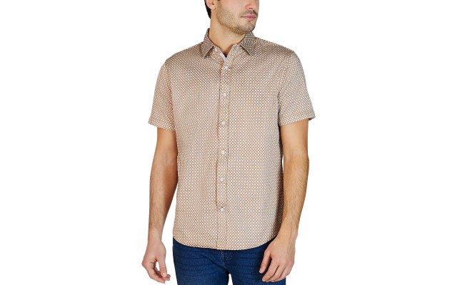  Men’s Short Sleeve Woven Shirt, Brown, Large