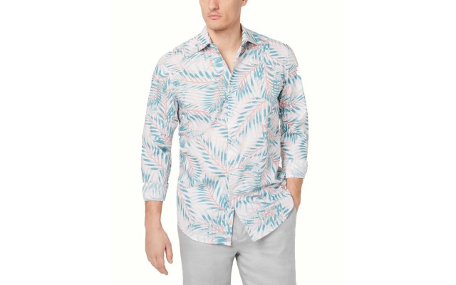  Men’s Palm Print Shirt (Navy,L)
