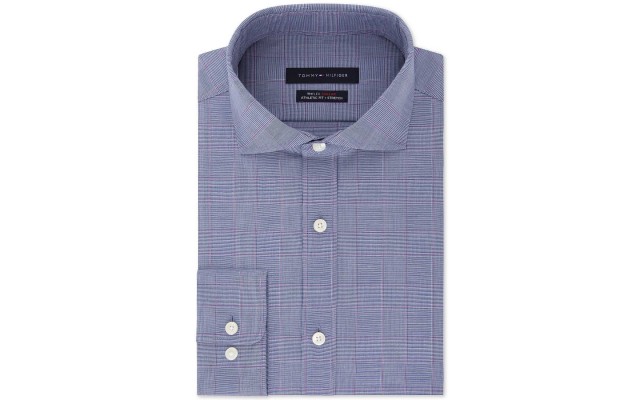  Men’s Fitted TH Flex Performance Stretch Moisture-Wicking Purple Check Dress Shirt(Purple, 15.5X34-35