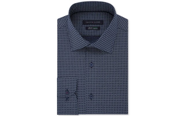  Men’s Slim-Fit TH Flex Non-Iron Supima Stretch Pattern Dress Shirt (Navy, 15.5X32-33)