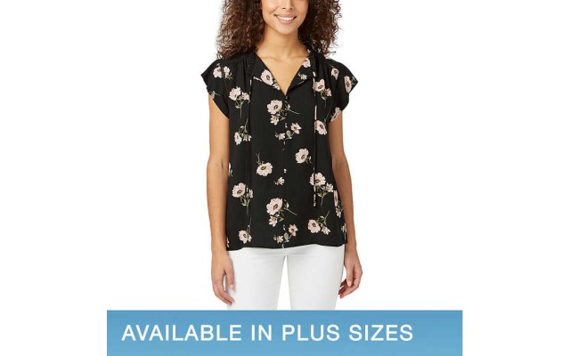  Ladies' Flutter Sleeve Floral Top, Black, 2X