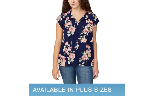  Ladies' Flutter Sleeve Floral Top, Blue, Medium