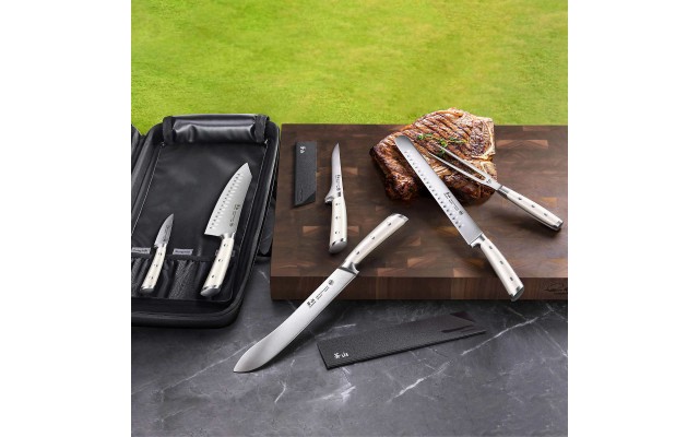  S Series German Steel Forged 7-Piece BBQ Knife Set, White