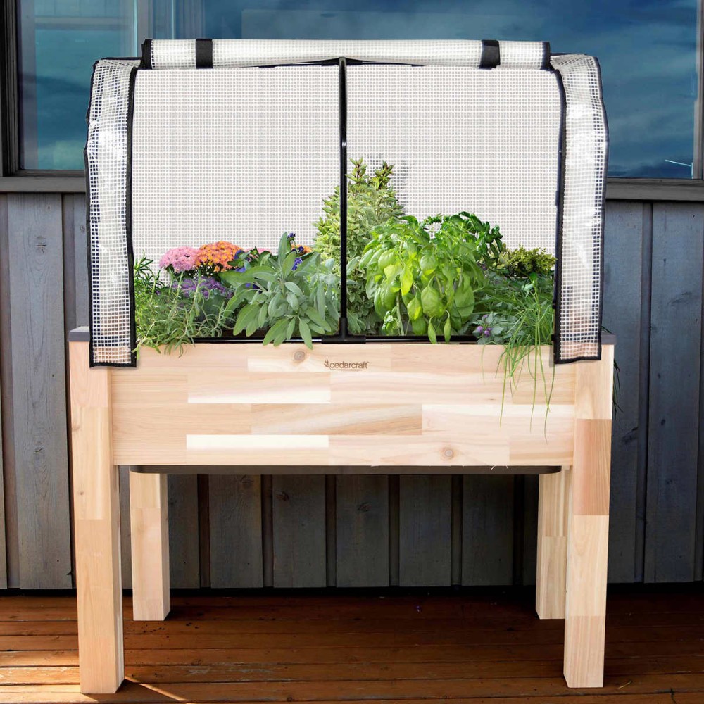 Cedarcraft Self Watering Elevated Cedar Planter With Greenhouse And Bug Cover