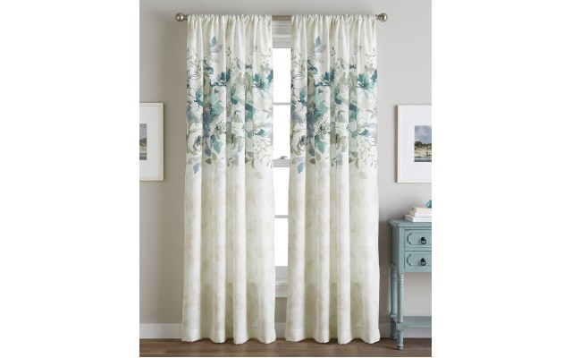  Watercolor Floral Print Flip Over Rod Pocket Single Curtain Panel, Aqua, 50×84