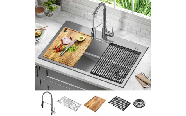  33″ Dual Mount Workstation Sink with 18″ Kitchen Faucet
