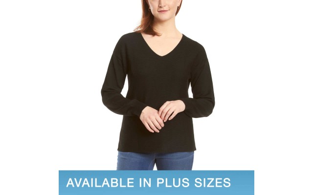  Ladies' Ribbed V-Neck Sweater, Black, 2X