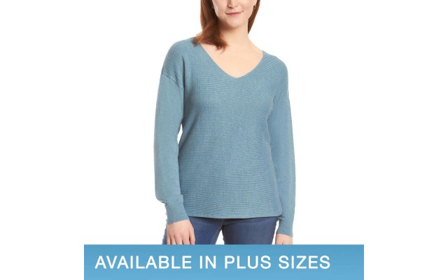  Ladies' Ribbed V-Neck Sweater, Blue, 2X