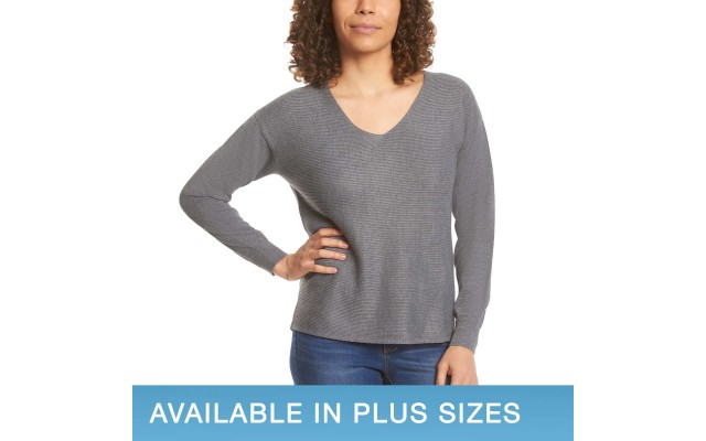  Ladies' Ribbed V-Neck Sweater, Gray, XX-Large