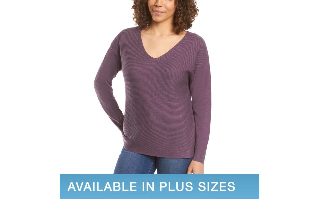  Ladies' Ribbed V-Neck Sweater, Purple, Medium
