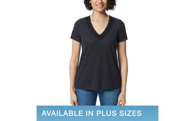  Ladies' V-Neck Lace Top, Black, 2X
