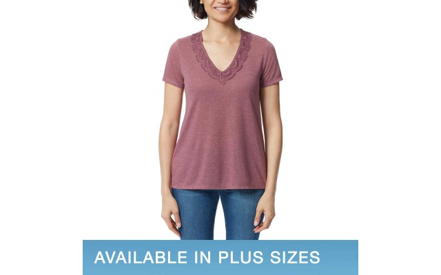  Ladies' V-Neck Lace Top, Red, Medium